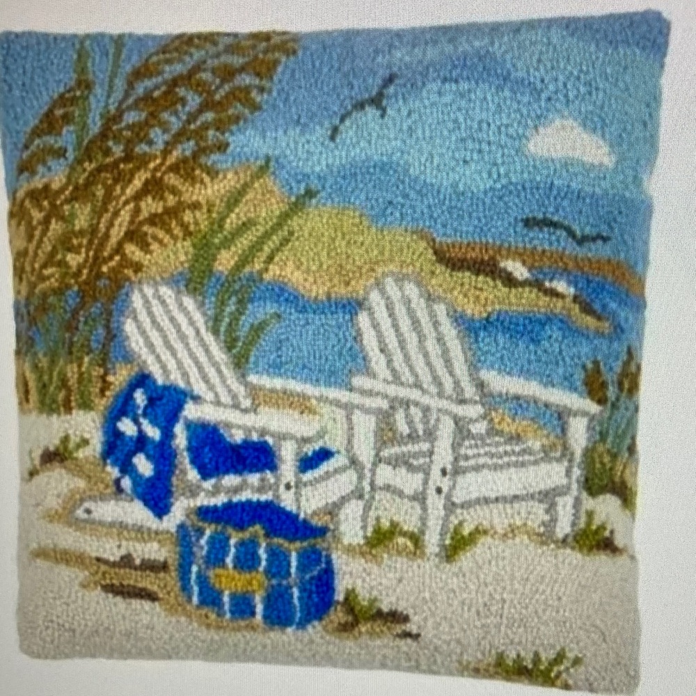 Coastal Beach Scene Hooked Pillow - Blue, White, Tan